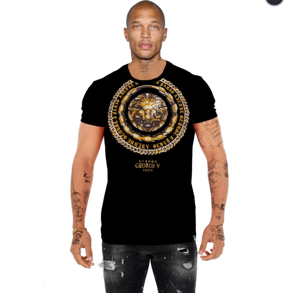 George V Black Gold Rhinestone Studded Designer Tee